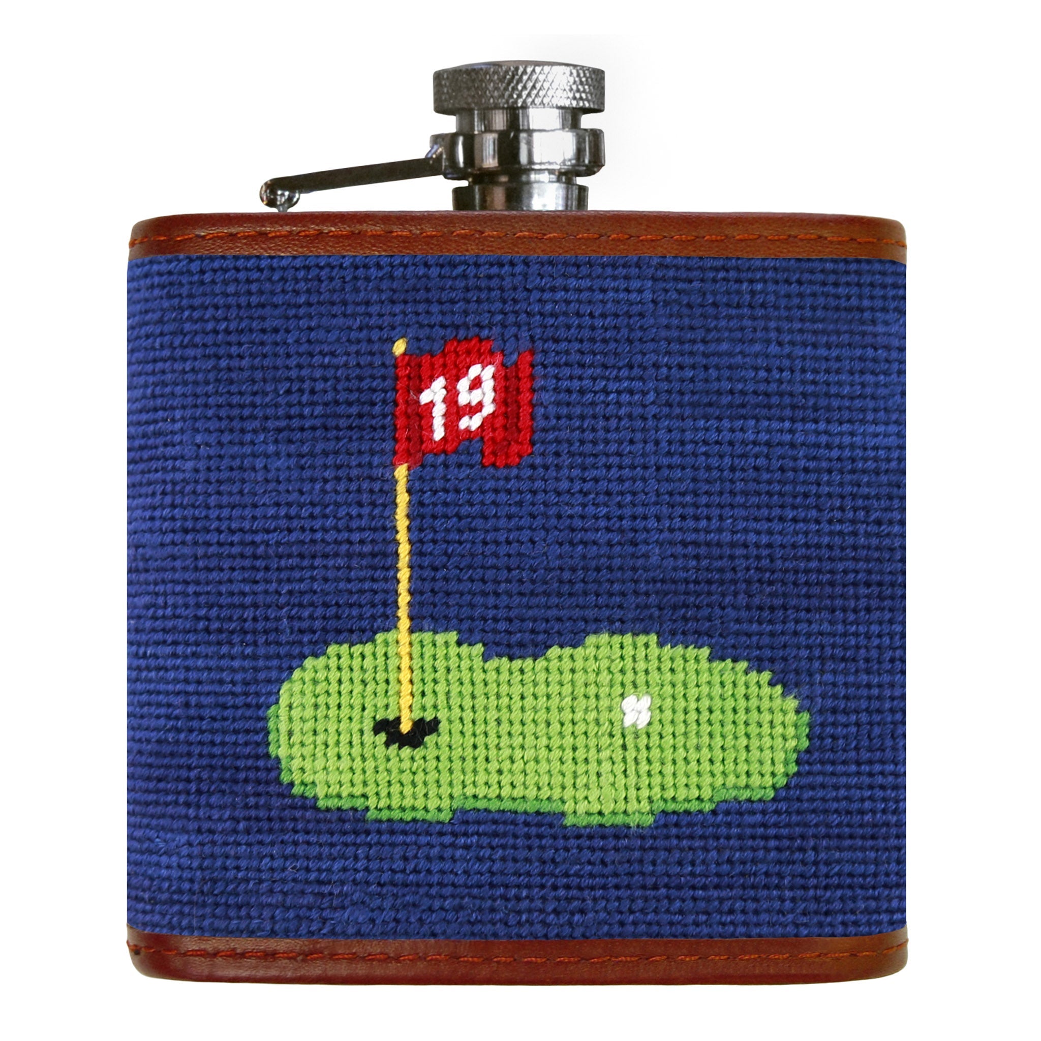 19th hole classic navy needlepoint flask with monogram on back