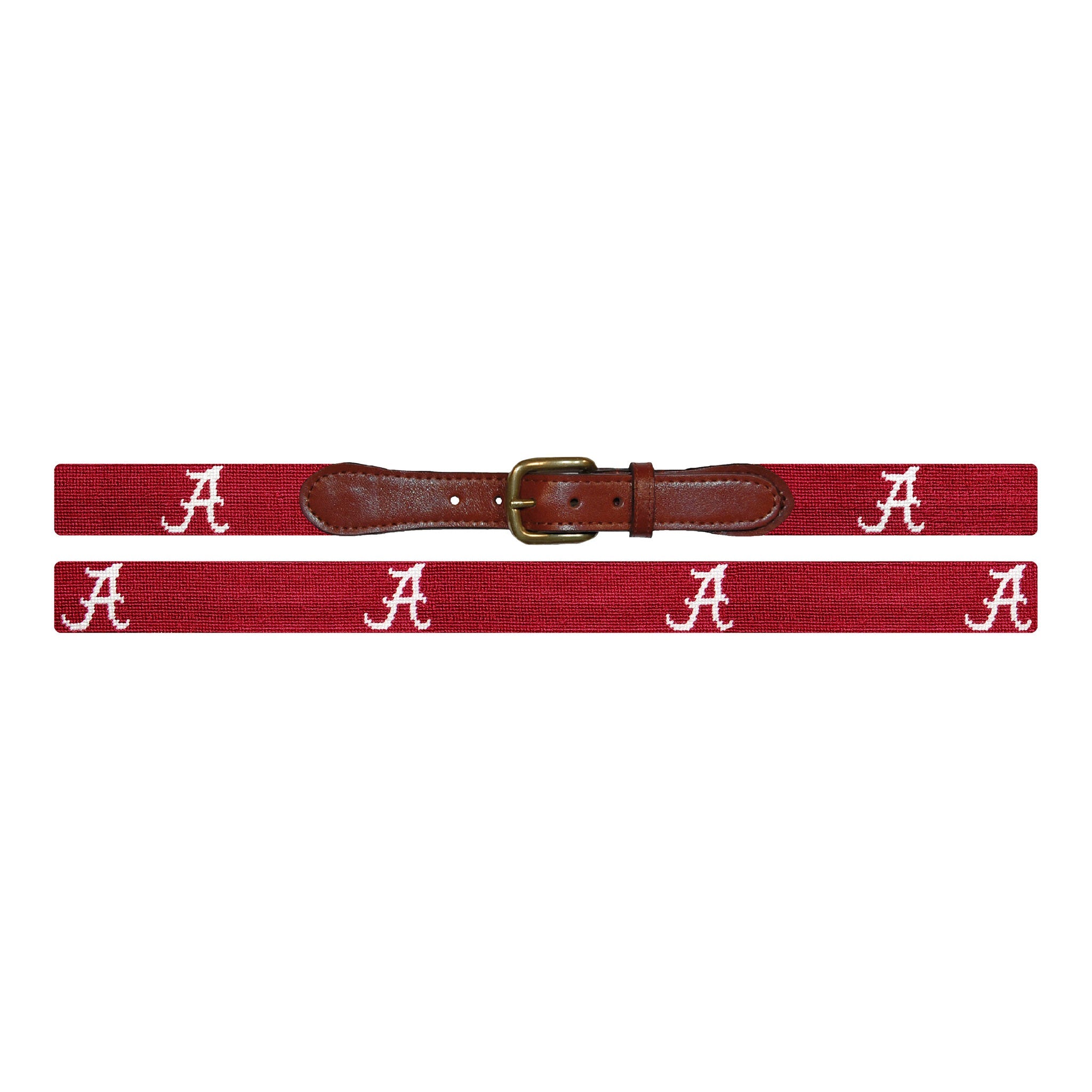 Flat view of Needlepoint Alabama Belt Garnet with brown leather trim and a brass buckle