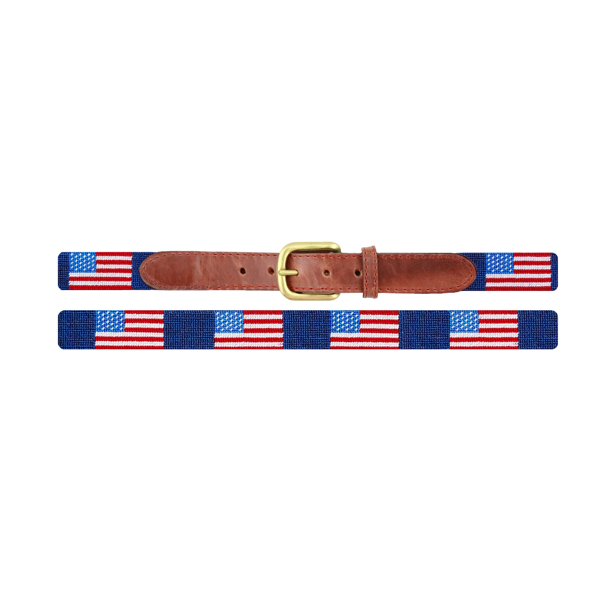 American flag stitched design on a classic navy needlepoint children’s belt with brown leather ends and a brass buckle.