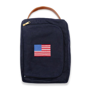 Needlepoint shoe bag featuring the American flag stitched design on a waxed canvas