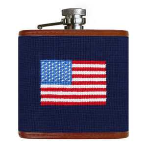 American flag dark navy needlepoint flask with monogram on back
