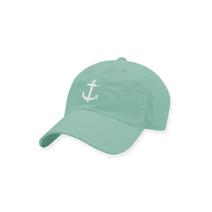 Anchor needlepoint design on the front of a seafoam six-panel cotton hat.