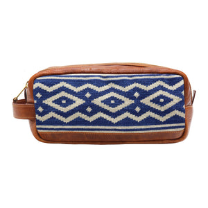 Classic navy toiletry bag featuring the Andes Gaucho design with full grain Italian leather trim and zipper closure.