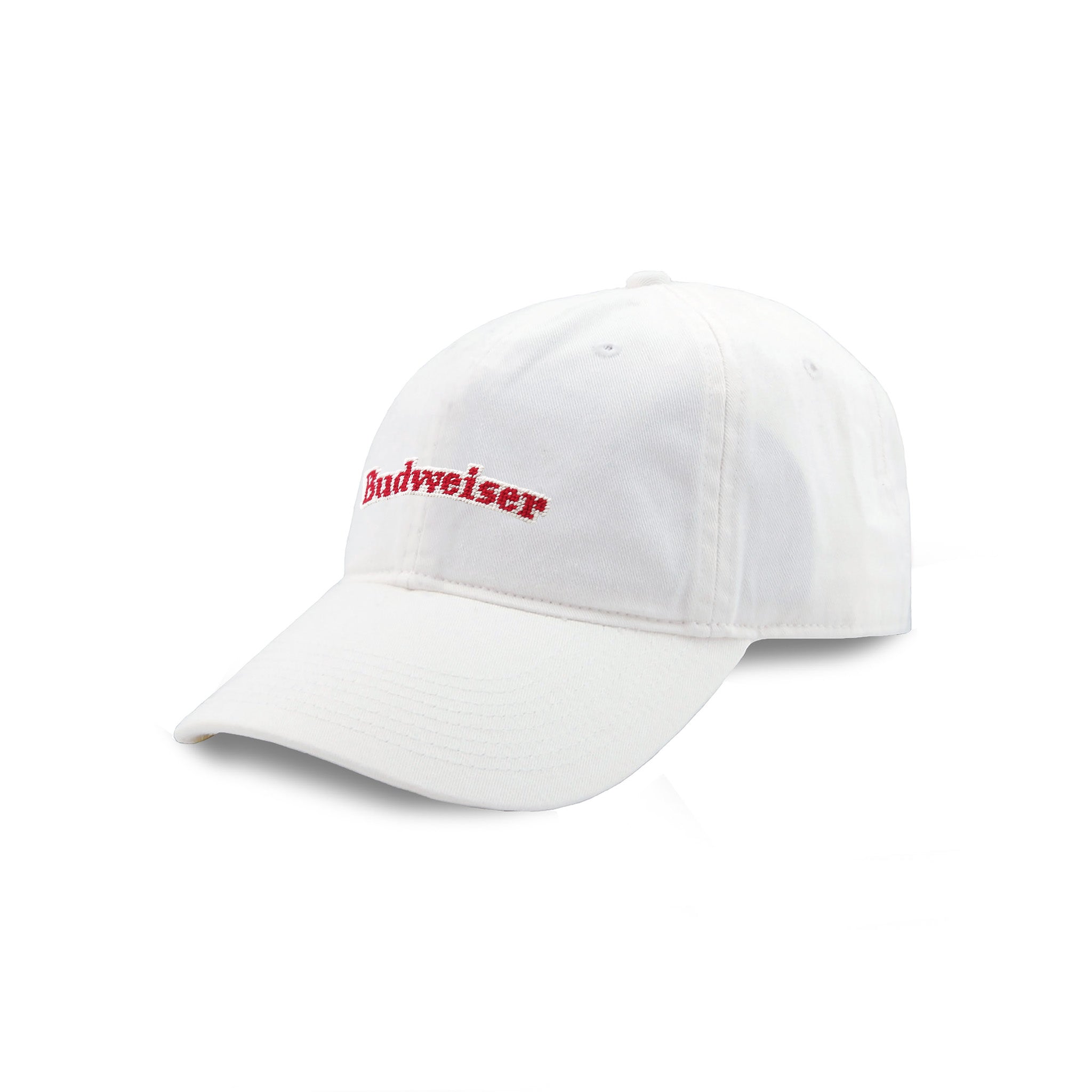 Six-panel cotton hat in white featuring the Budweiser text logo stitched in red thread on the front.