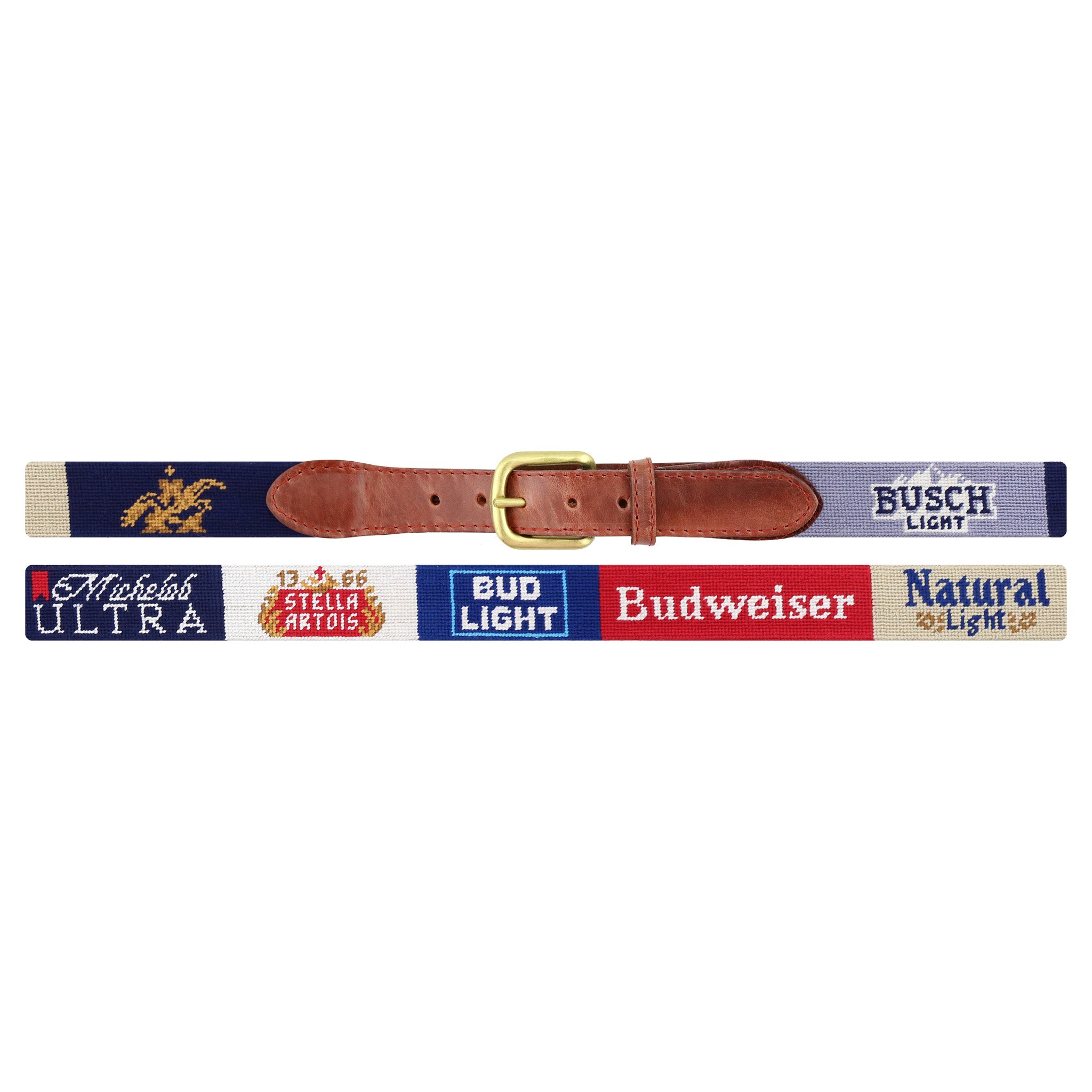 Flat view of Needlepoint Anheuser Busch Beer Labels Belt with brown leather trim and a brass buckle
