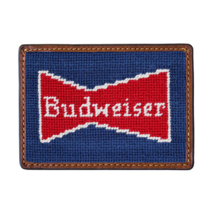 Anheuser Busch Vintage Budweiser classic navy needlepoint card wallet with Italian leather trim.