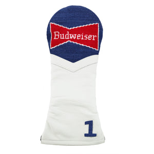 White golf headcover with Budweiser logo and classic navy background