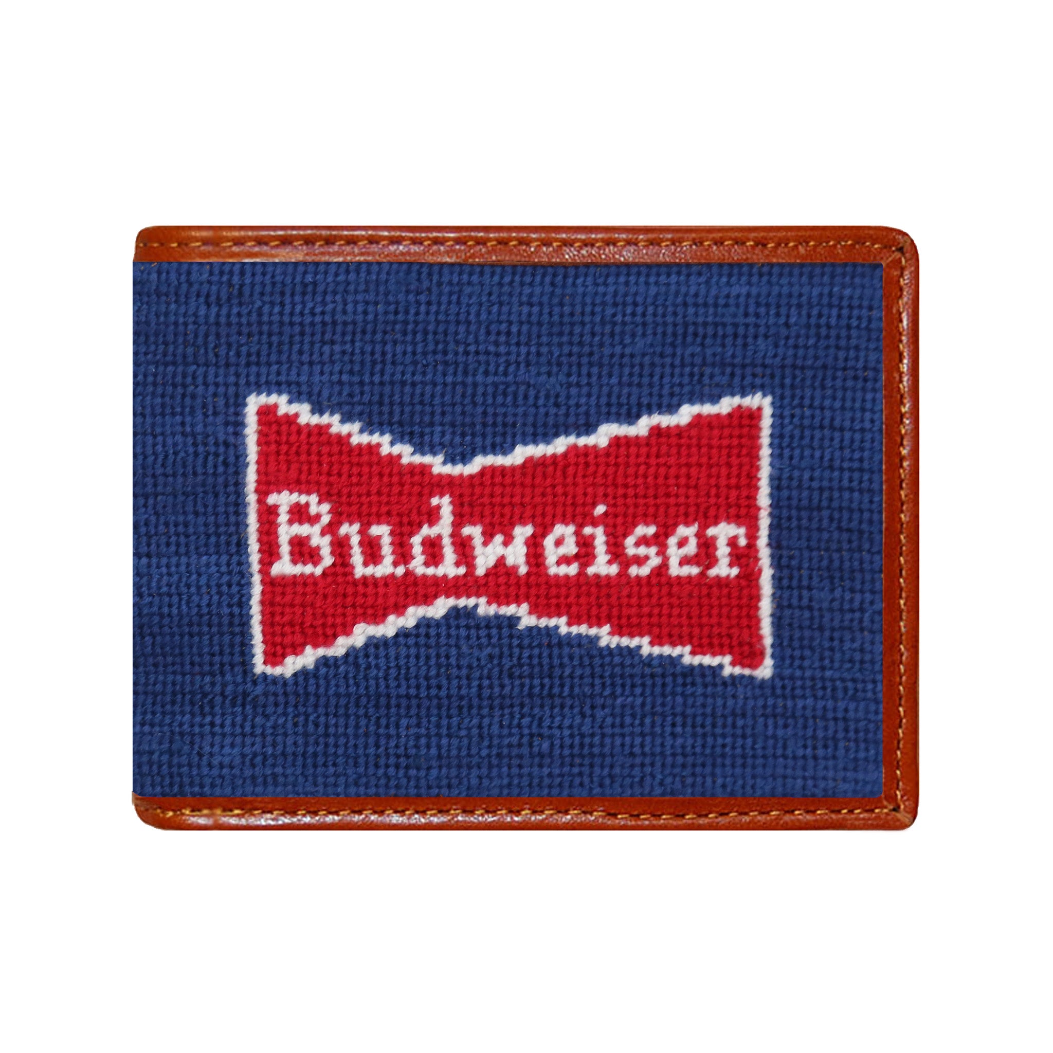 Anheuser-Busch Vintage Budweiser needlepoint bi-fold wallet in classic navy with chestnut leather trim, shown from primary angle.