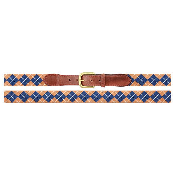 Belt with blue and orange argyle pattern on a white background