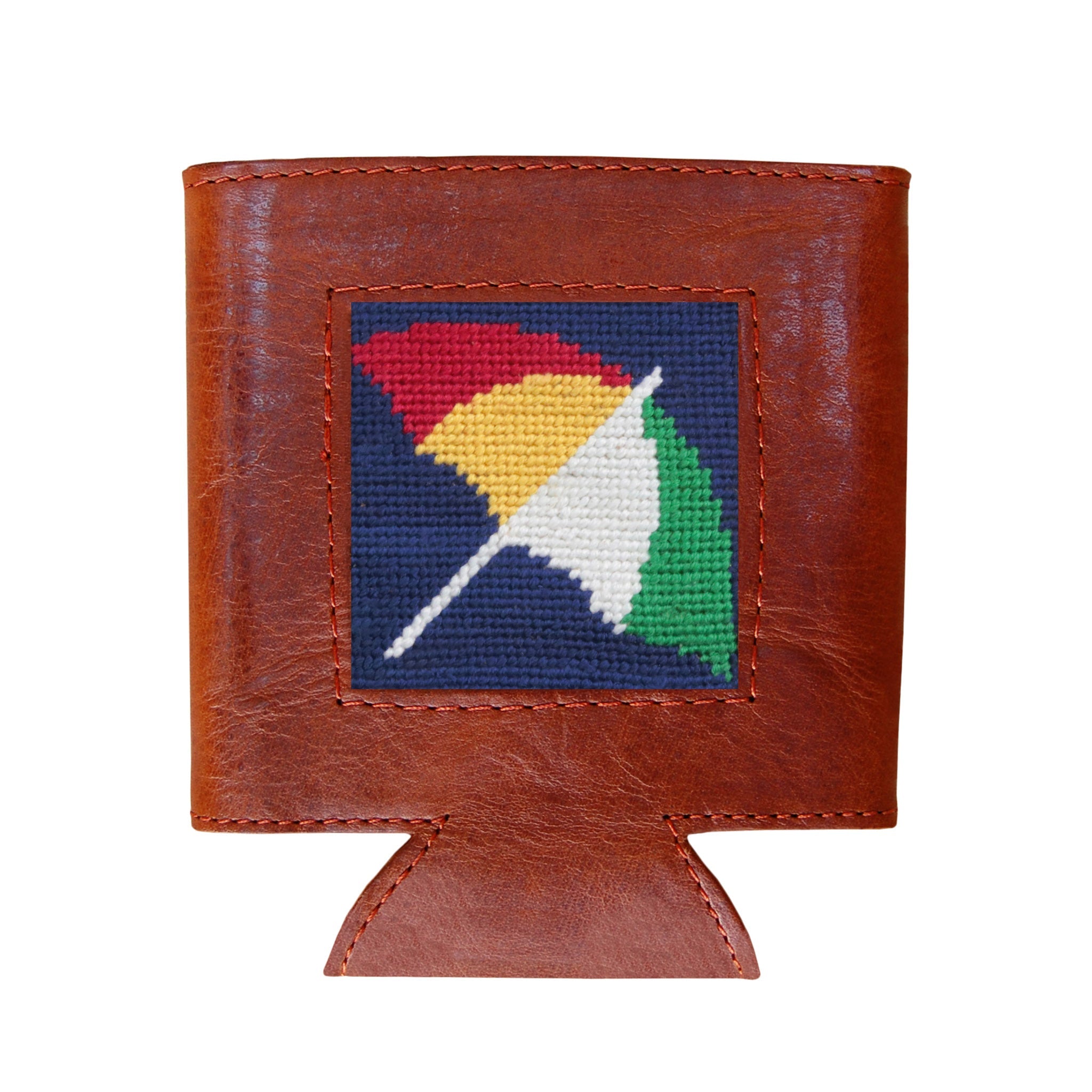 Classic navy can cooler showing a white Arnold Palmer umbrella logo from a secondary angle.