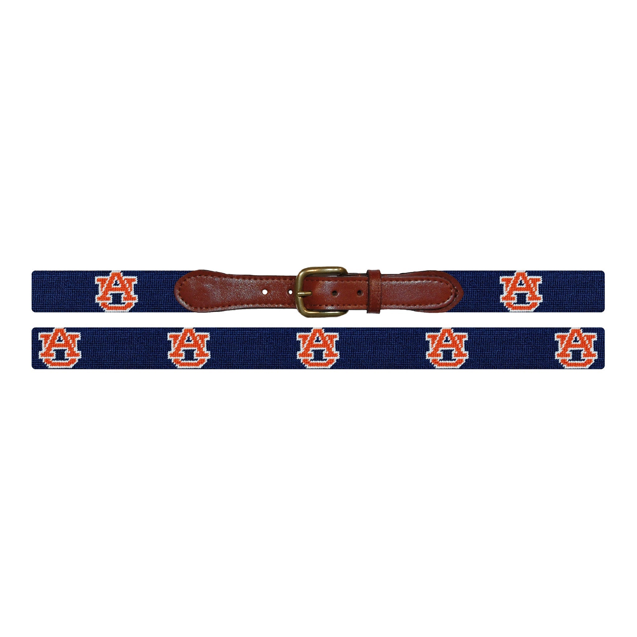 Flat view of Needlepoint Monogrammed Auburn Belt Dark Navy with brown leather trim and a brass buckle