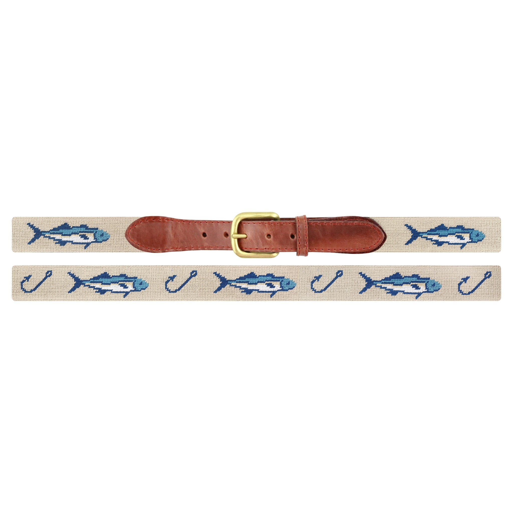 Flat view of Needlepoint Azul Fish Belt Light Khaki with brown leather trim and a brass buckle