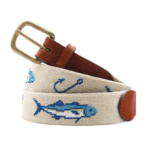 Monogrammed Azul Fish Needlepoint Belt Light Khaki coiled, with brown leather trim and a brass buckle