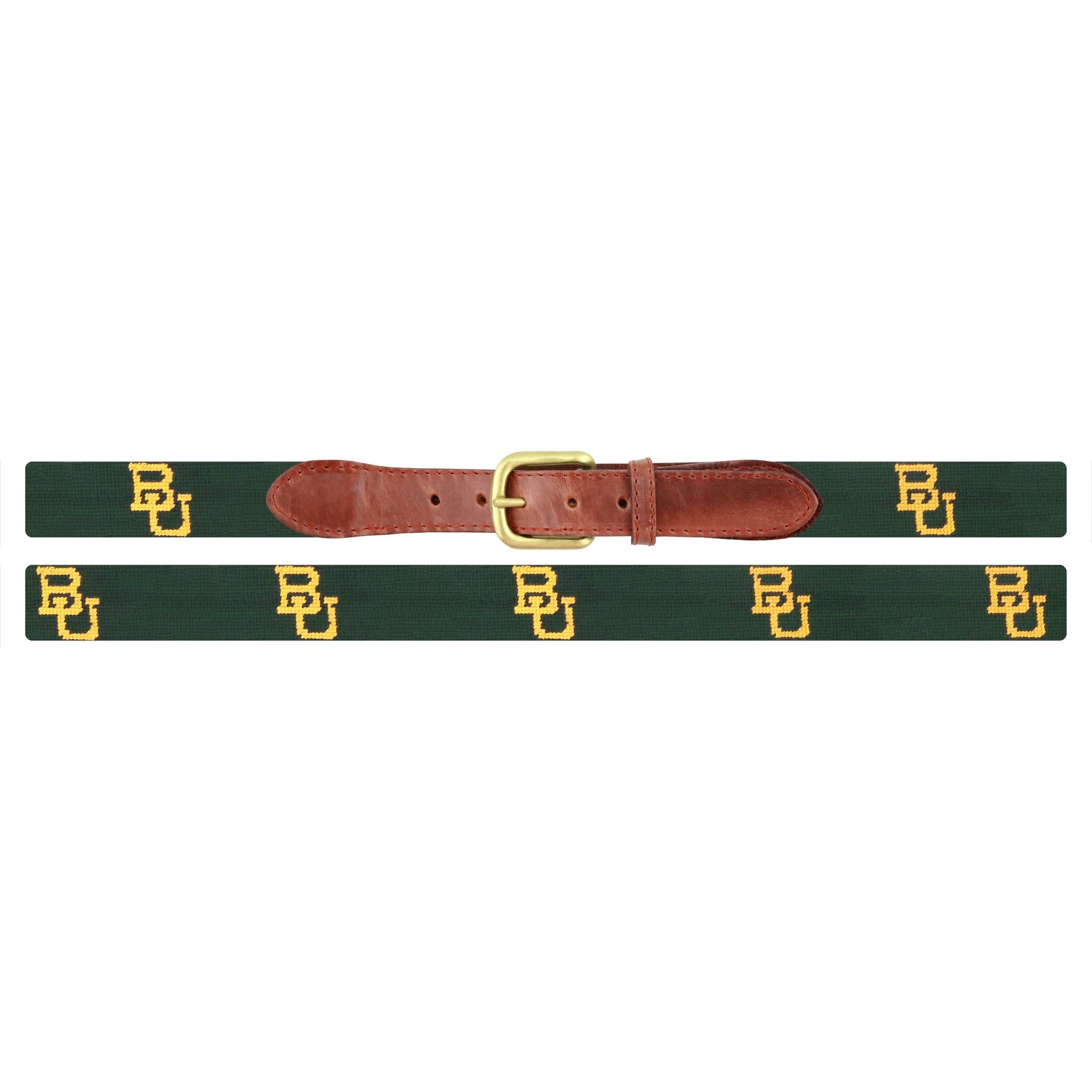 Flat view of Needlepoint Monogrammed Baylor Belt Dark Pine with brown leather trim and a brass buckle