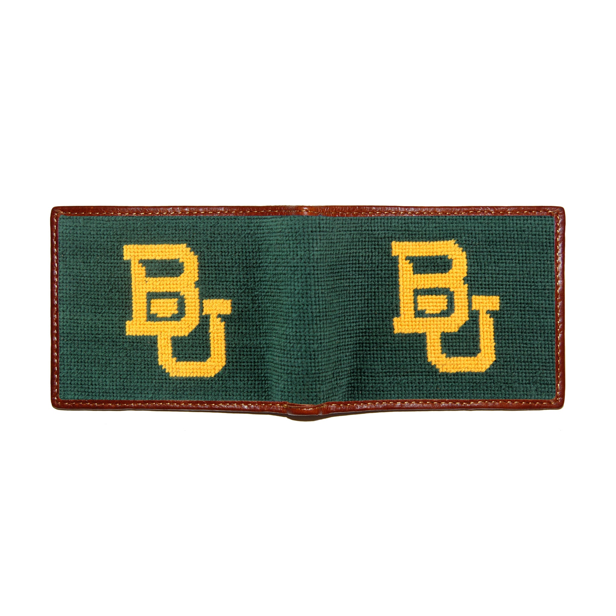 Baylor green needlepoint bi-fold wallet with gold “BU” logo and brown leather trim, shown from secondary angle displaying both sides of needlepoint.