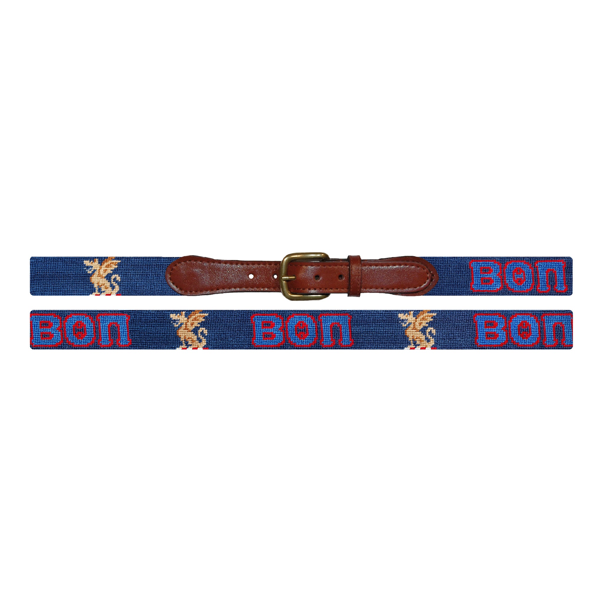 Flat view of Needlepoint Beta Theta Pi Belt with brown leather trim and a brass buckle
