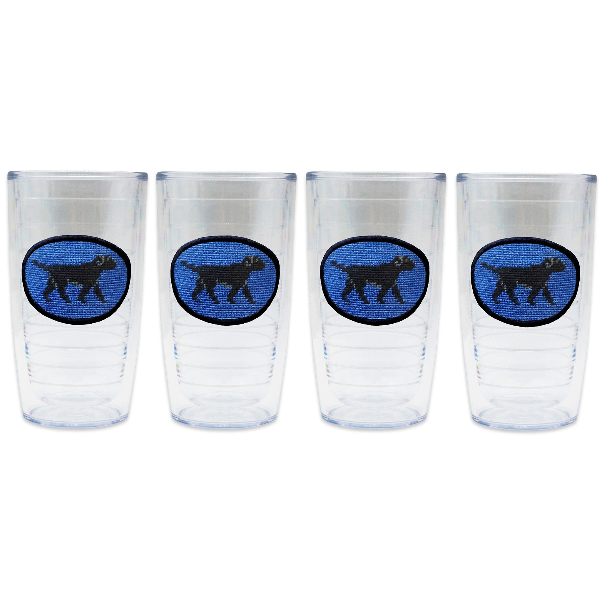 4 set of Tervis Tumblers with Black Lab needlepoint patch