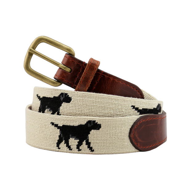 Monogrammed Black Lab Walking Needlepoint Belt Light Khaki coiled, with brown leather trim and a brass buckle
