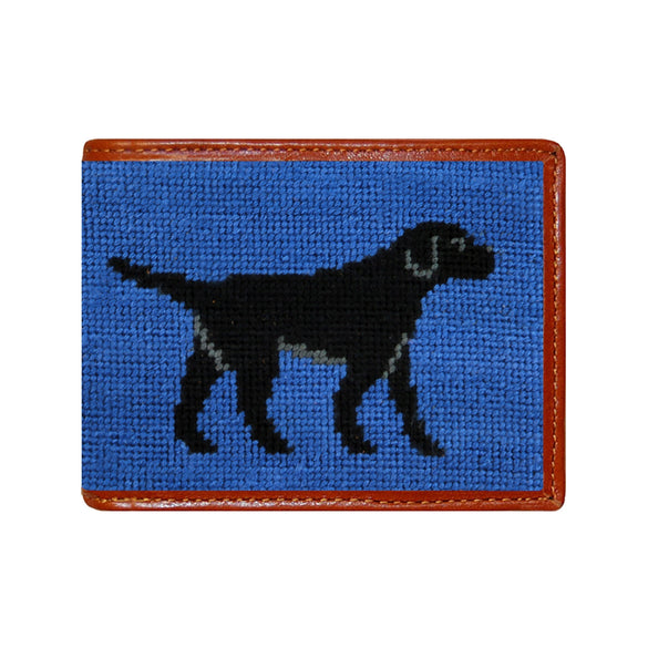 Blueberry needlepoint bi-fold wallet with black lab walking pattern, brown leather trim, shown from primary angle.