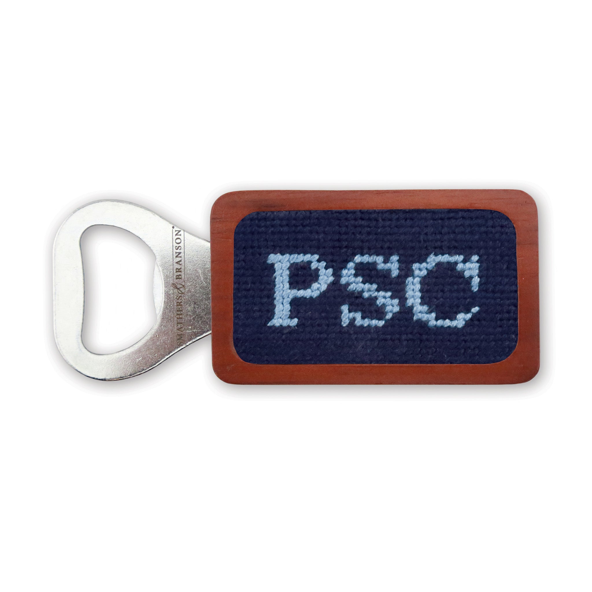 Needlepoint bottle opener with Block 10 monogram in dark navy and light blue