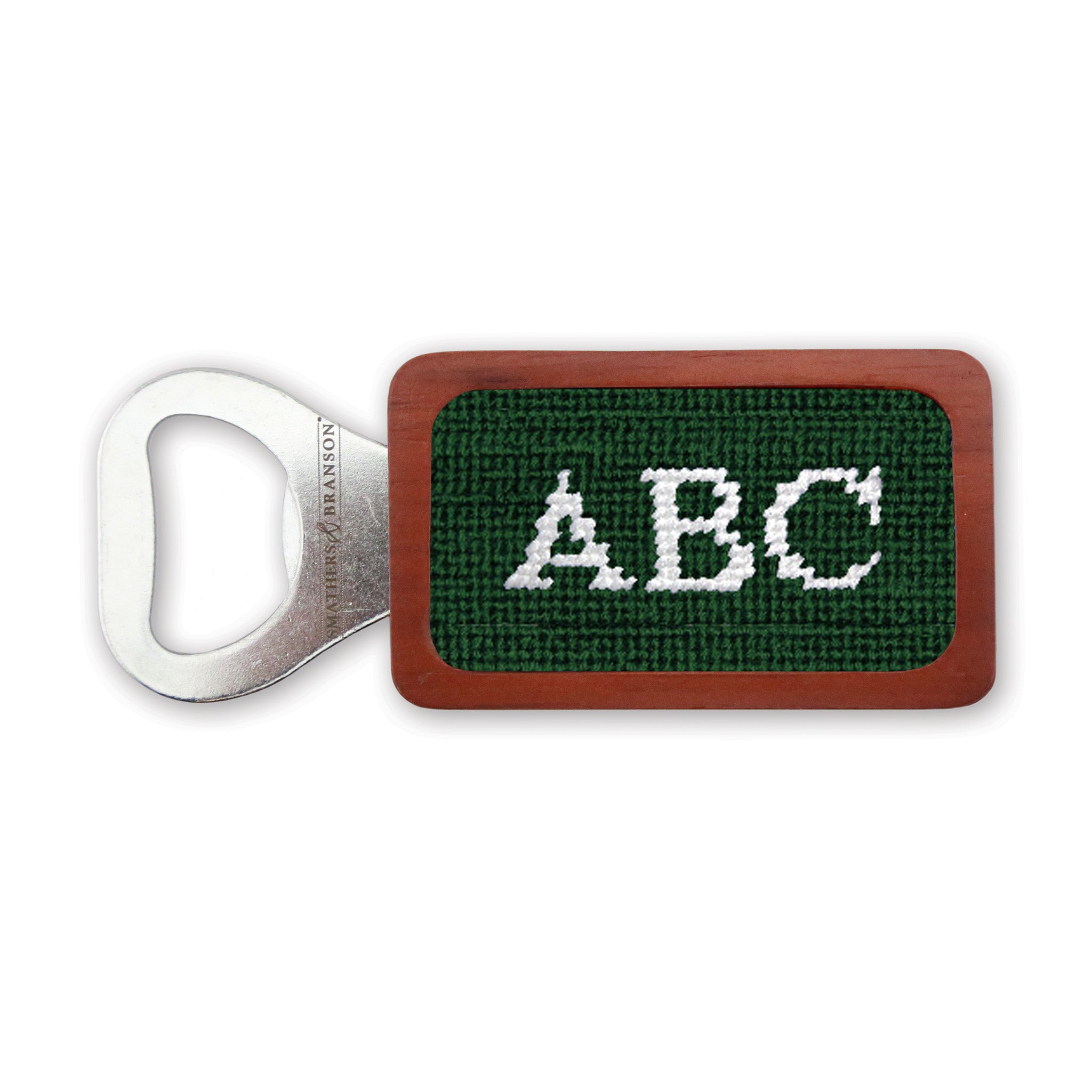 Hunter green needlepoint bottle opener with Block 10 monogram