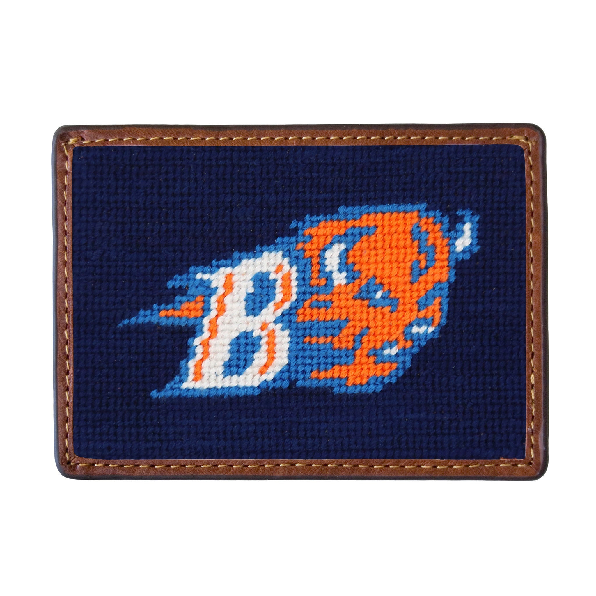Bucknell needlepoint card wallet with Italian leather trim.