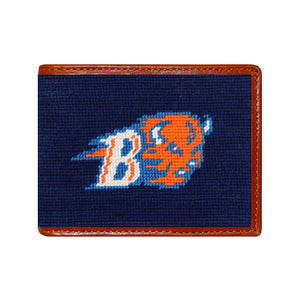 Bucknell needlepoint wallet with  logo on a navy background