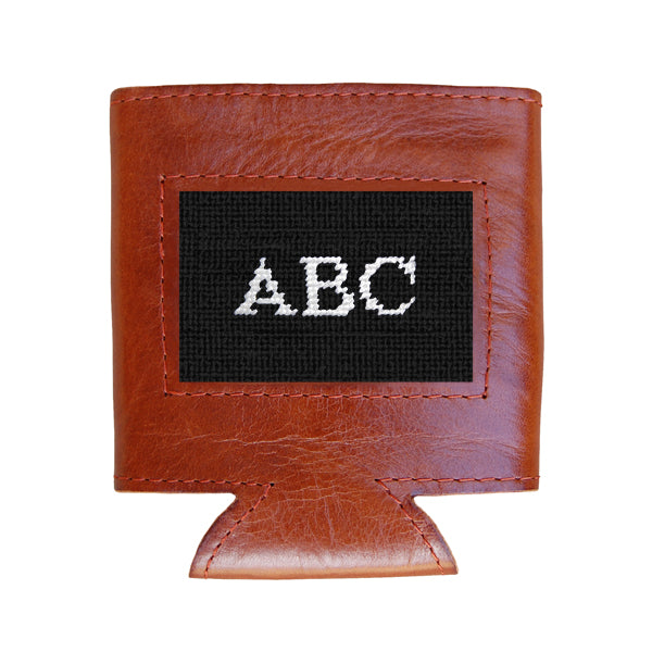 Blueberry can cooler featuring a white block-style monogram.