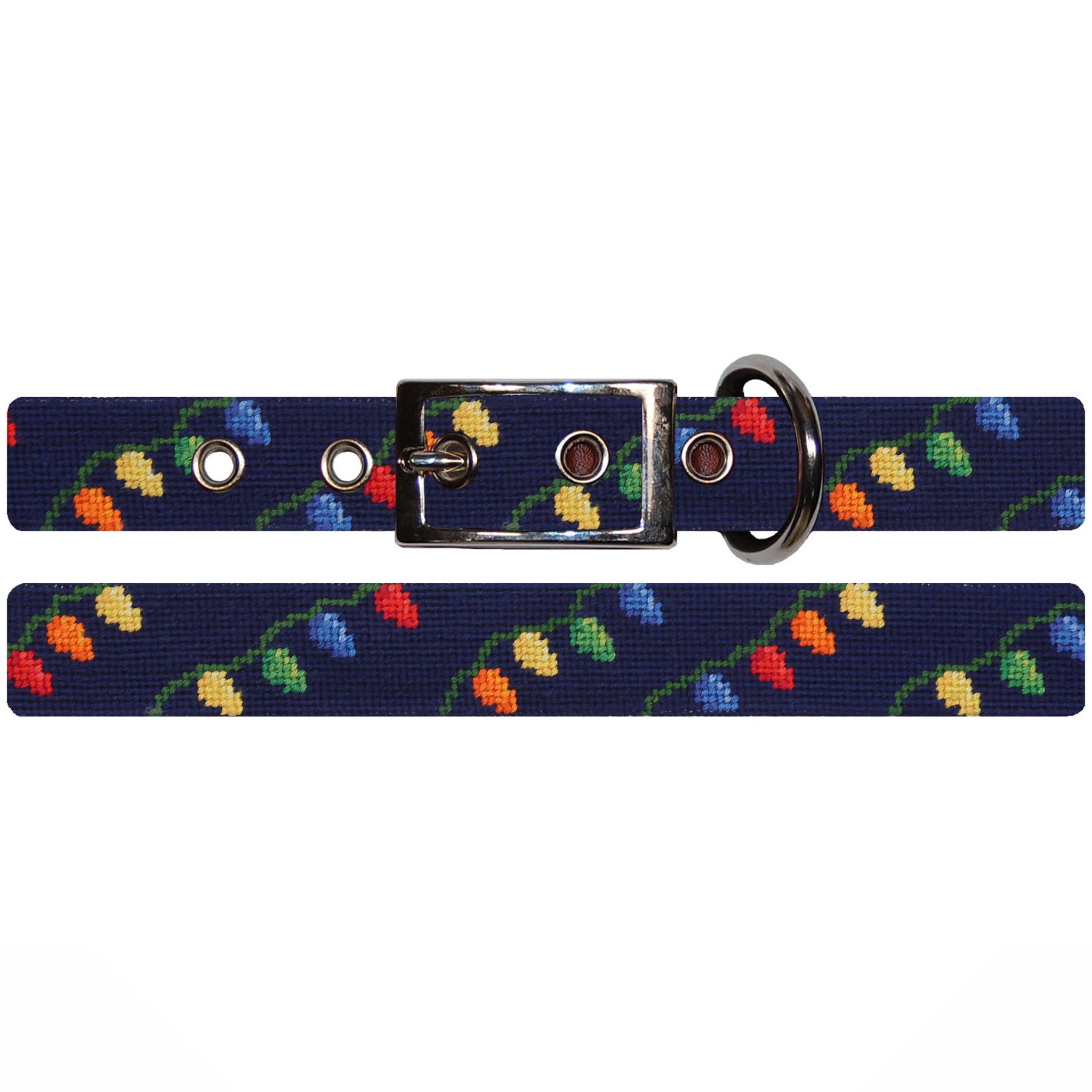 Shows the full length of the collar with detailed needlepoint design and metal buckle.