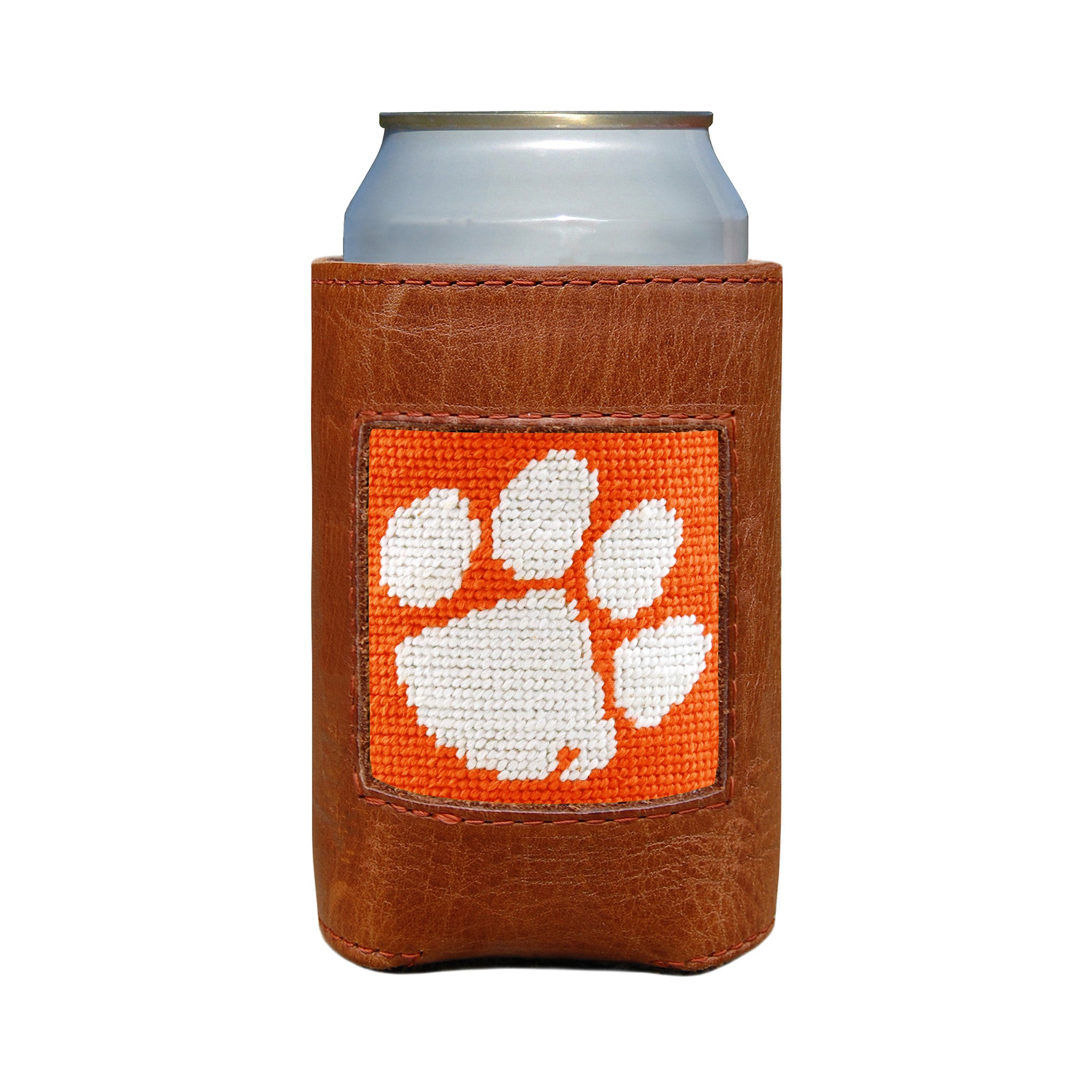 Bright orange can cooler with the white Clemson Tiger paw logo.