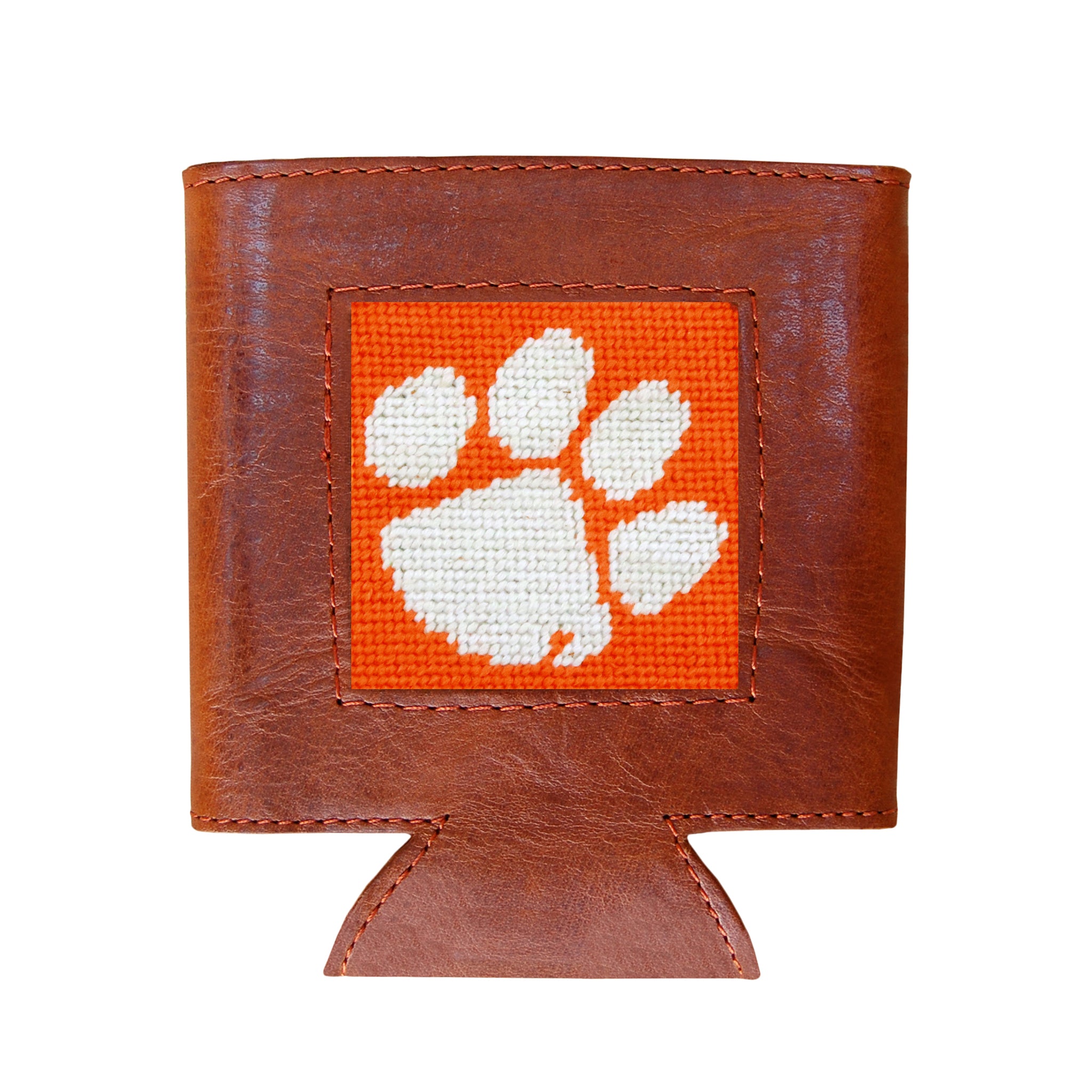 Bright orange can cooler displaying the white Clemson Tiger paw logo from a secondary angle.