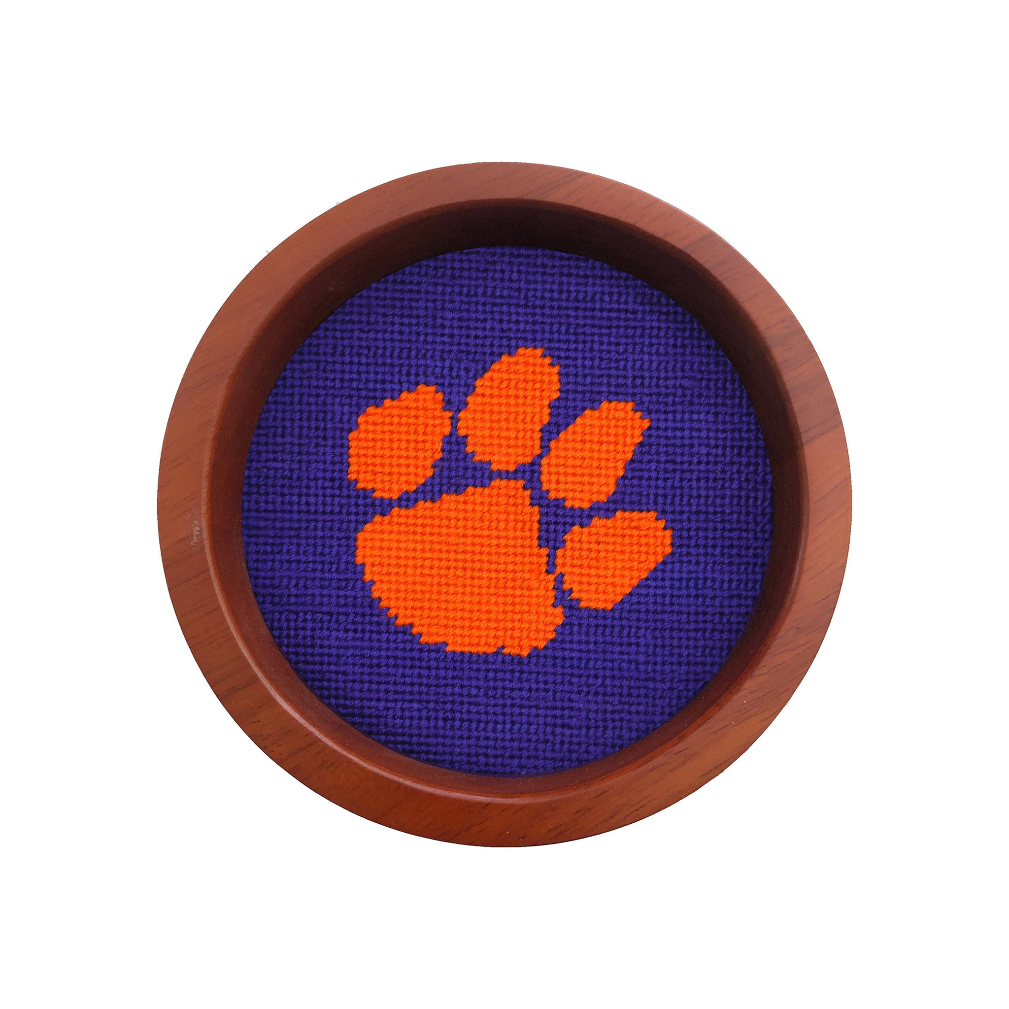Round wooden wine bottle coaster featuring the Clemson logo stitched in needlepoint.