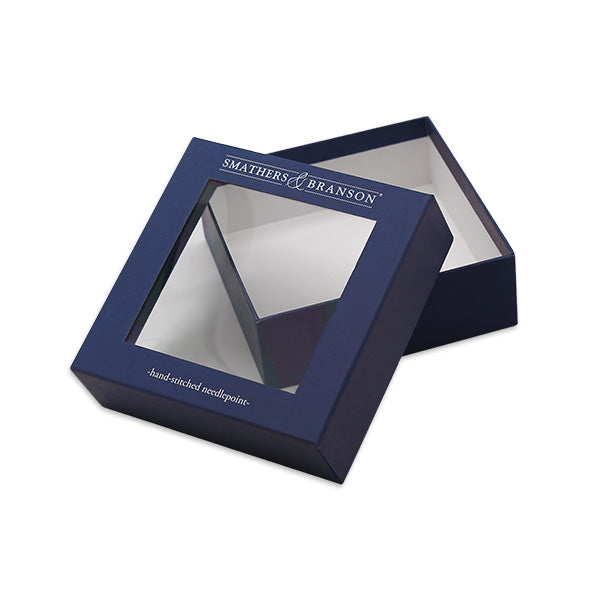 Smathers & Branson square gift box—5 7⁄16″ × 5 7⁄16″ × 1 15⁄16″ outer dimensions, fitted to hold their coaster set with a crisp navy boarder and clear plastic top packaging with a white company logo