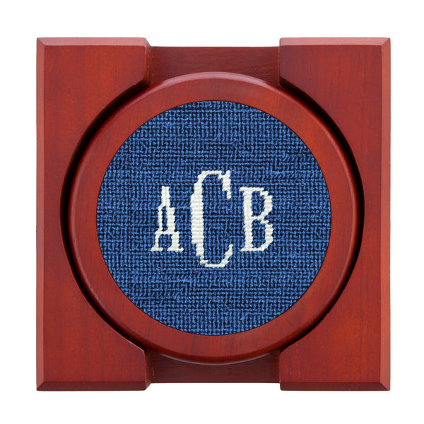 Set of four needlepoint coasters with Classic 24 monogram in blueberry