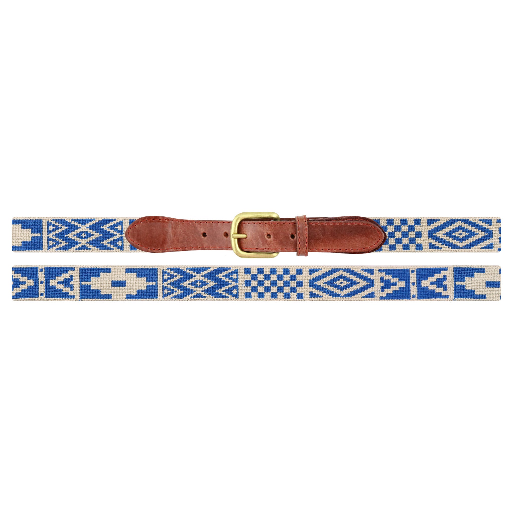 Flat view of Needlepoint Cordoba Belt with brown leather trim and a brass buckle