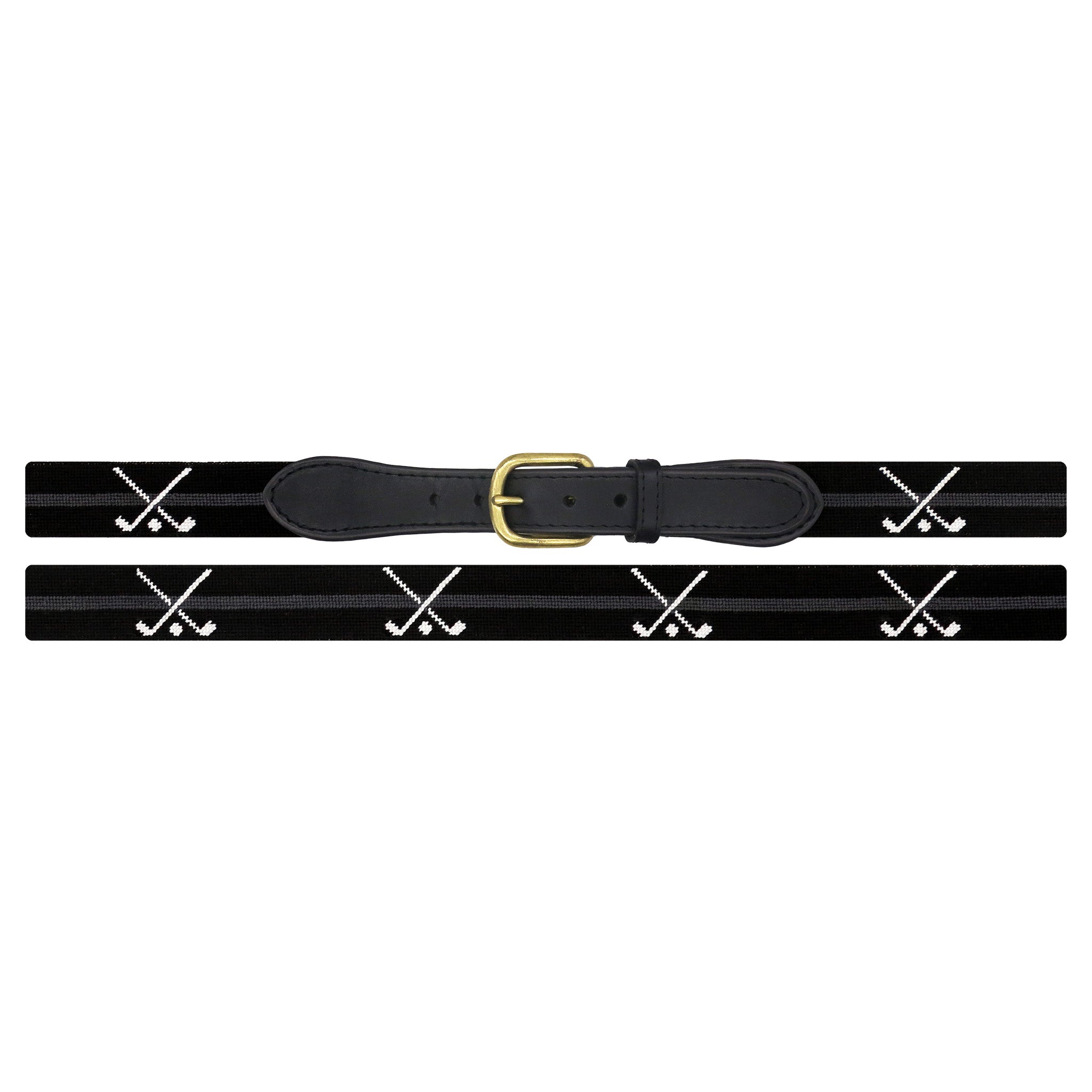 Black belt with white crosshair pattern and gold buckle on a white background