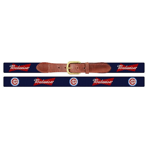 cubs budweiser needlepoint design flattened to show full design with leather tabs and brass buckle