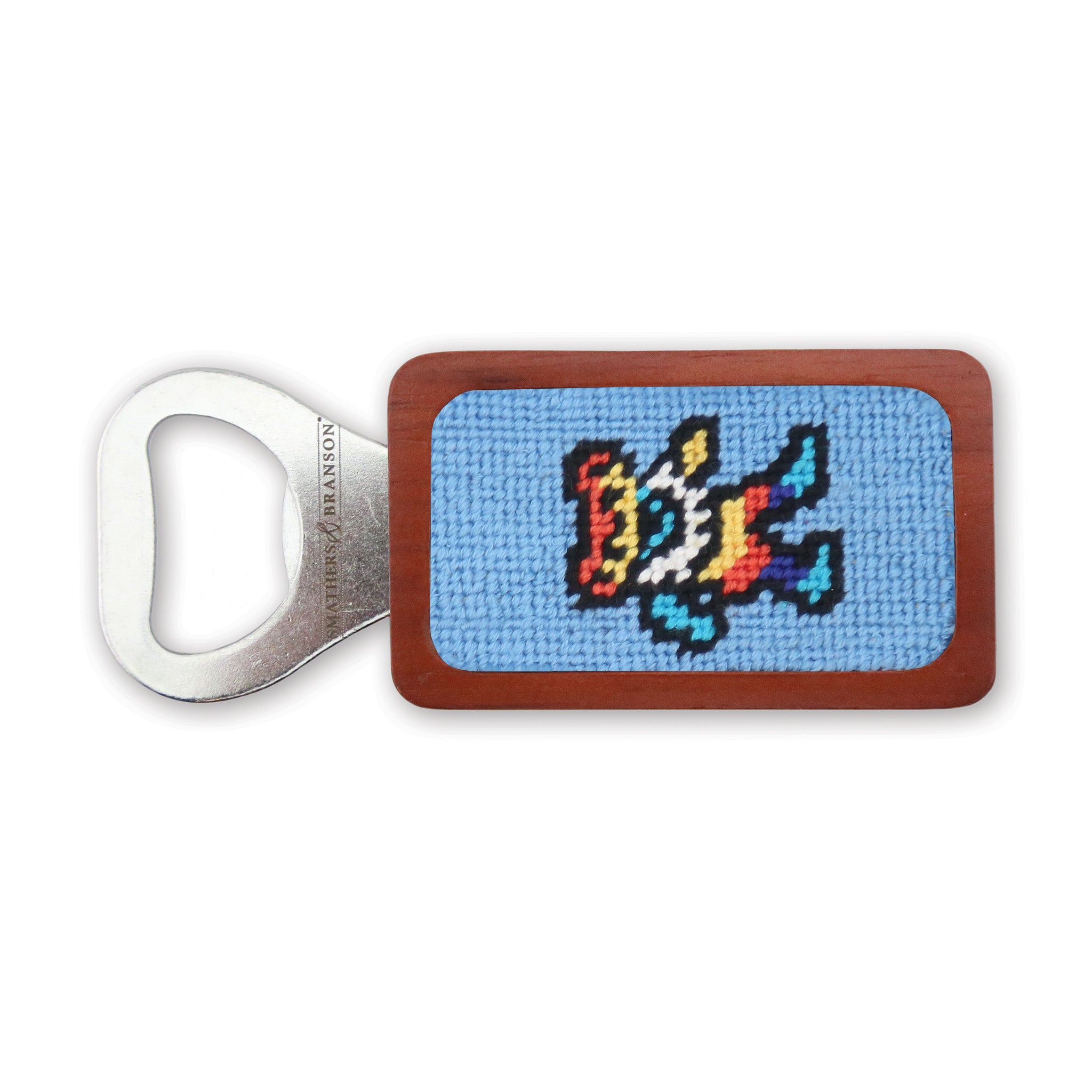Dancing Bear light blue tie-dye bottle opener featuring a playful dancing bear design, ideal for opening bottles.