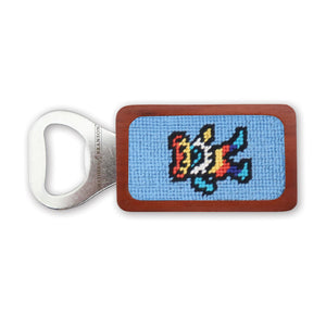 Dancing Bear light blue tie-dye bottle opener featuring a playful dancing bear design, ideal for opening bottles.