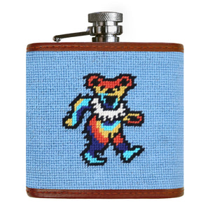 Dancing Bear Tie Dye light blue needlepoint flask with monogram on back