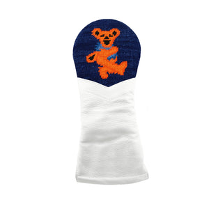 White golf headcover with Dancing bear top with dark navy background