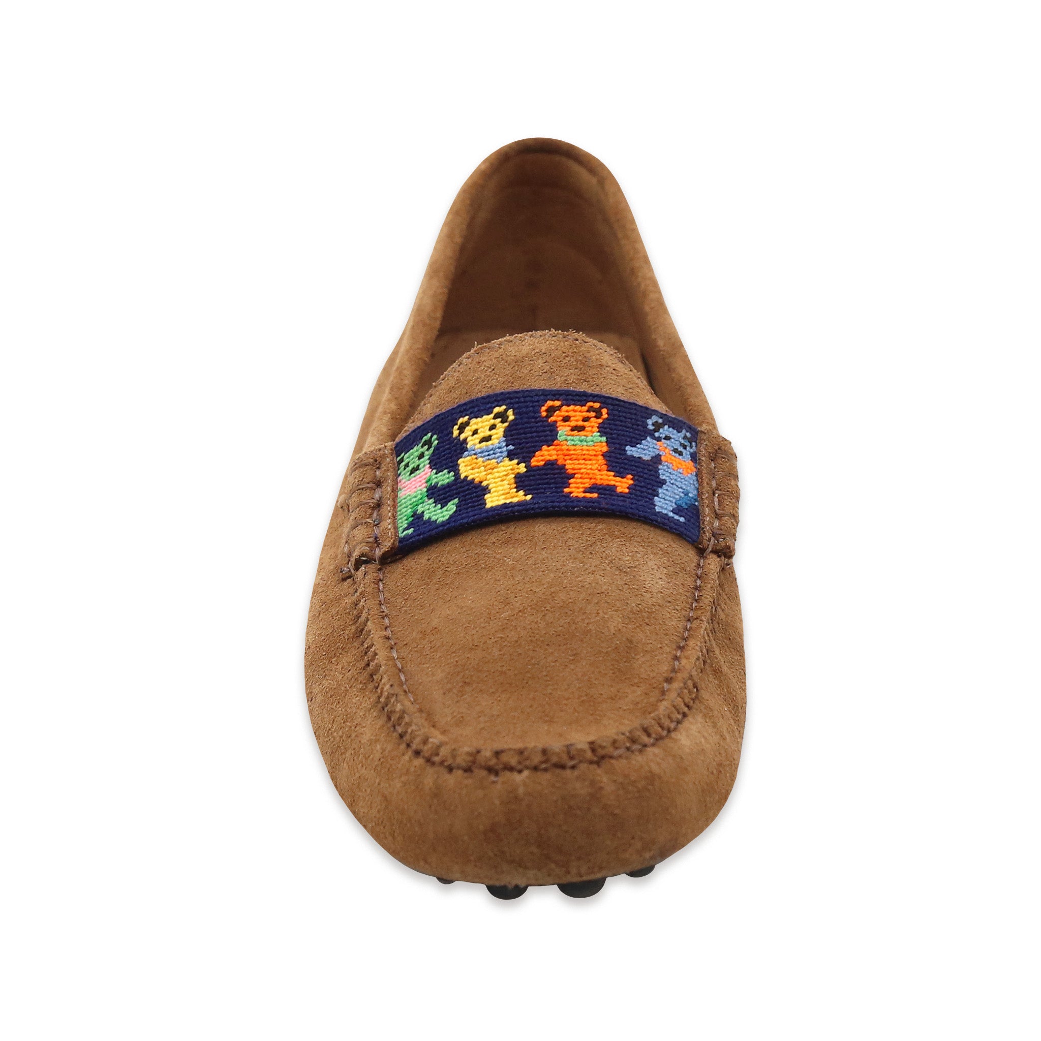 Shows the front profile of the pair highlighting the detailed needlepoint design and suede craftsmanship.