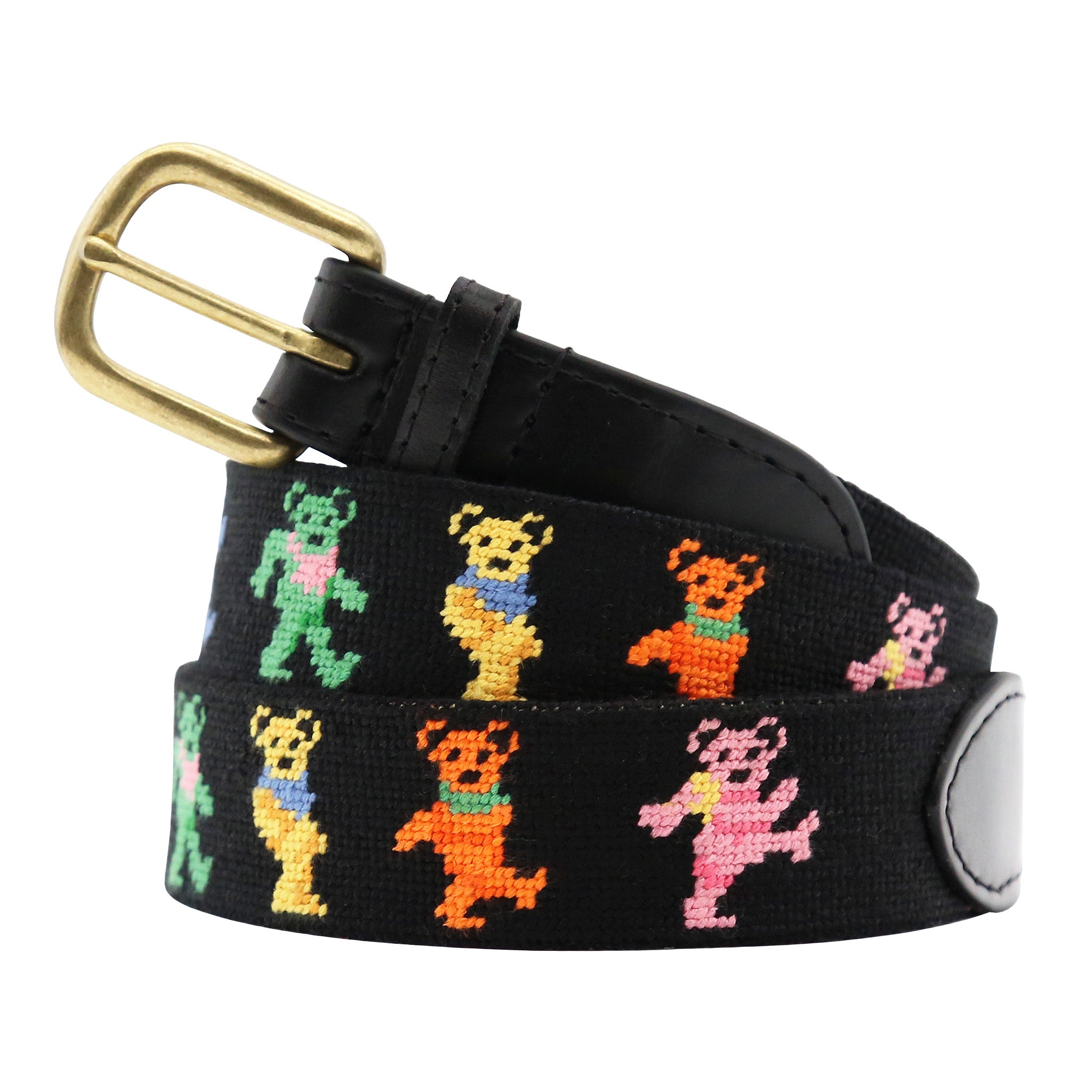 Black belt with colorful bear pattern and gold buckle on a white background