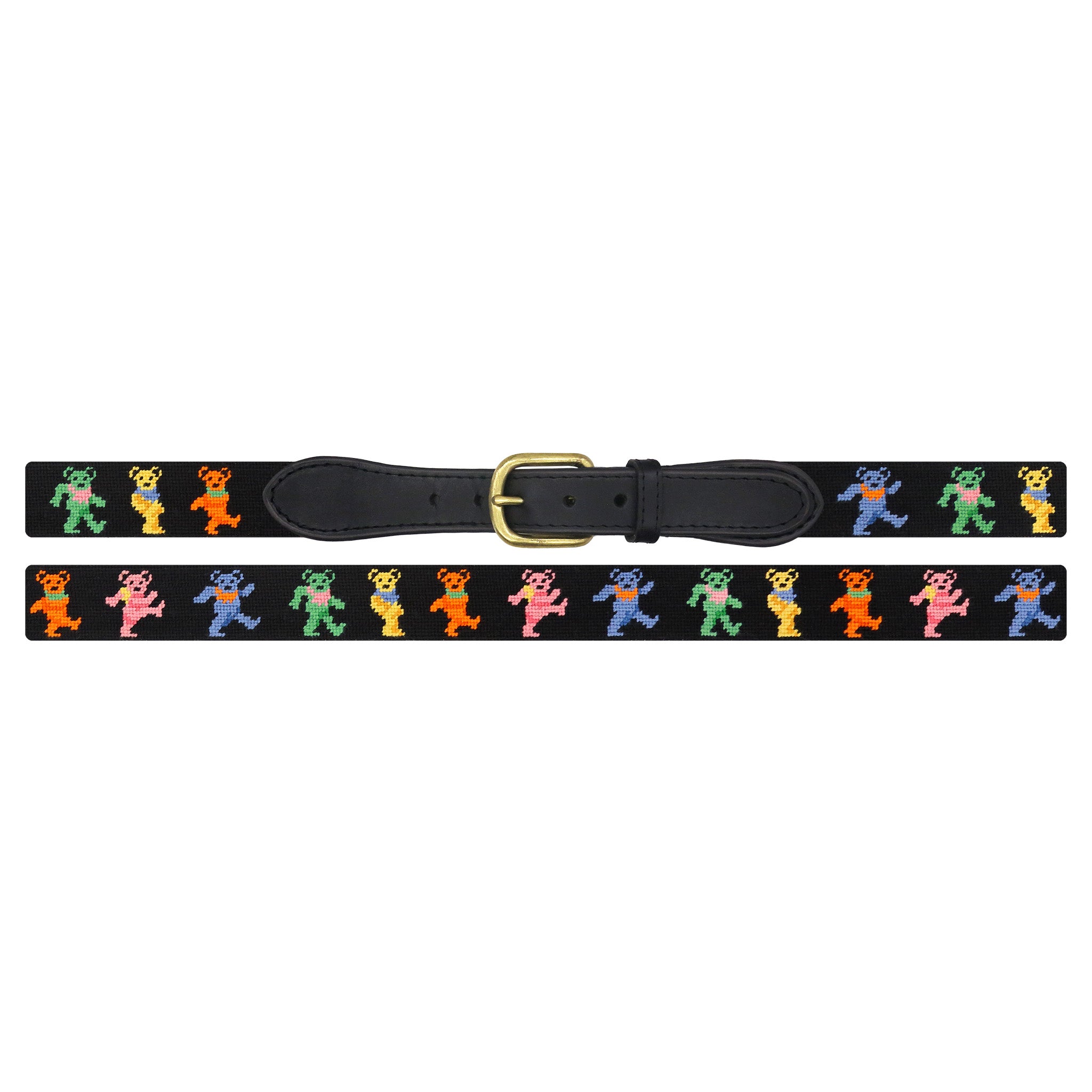 Black belt with colorful bear pattern on a white background
