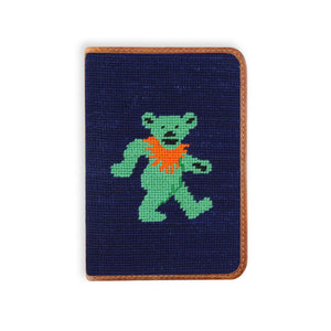Needlepoint golf scorecard holder featuring dancing bear design stitched on dark navy background
