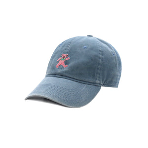 Six-panel cotton hat in steel blue featuring a colorful dancing bear stitched in red, yellow, and green thread on the front.