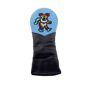 Black golf headcover with Dancing bear tie dye logo and light blue background