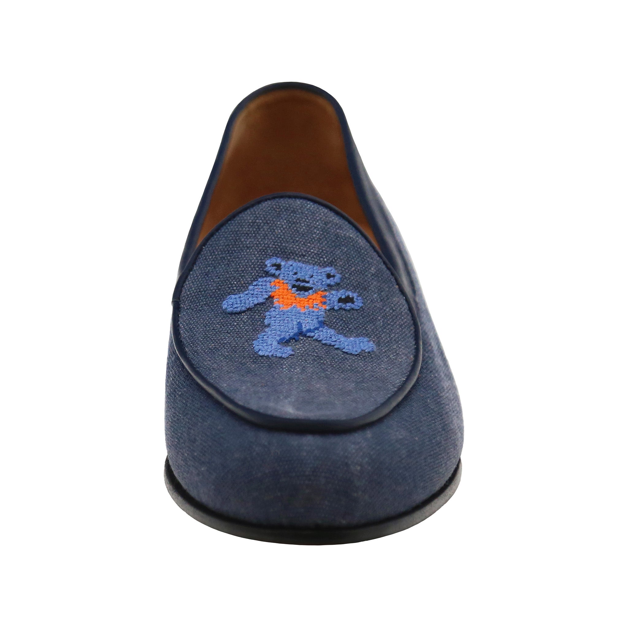 Front view of the slate canvas men’s Belgian loafer showing detailed stitching and leather trim.