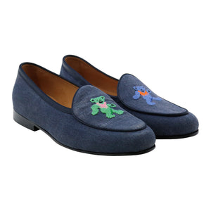 Slate canvas men’s Belgian loafer featuring full grain Brazilian leather trim, leather lining, and leather sole.