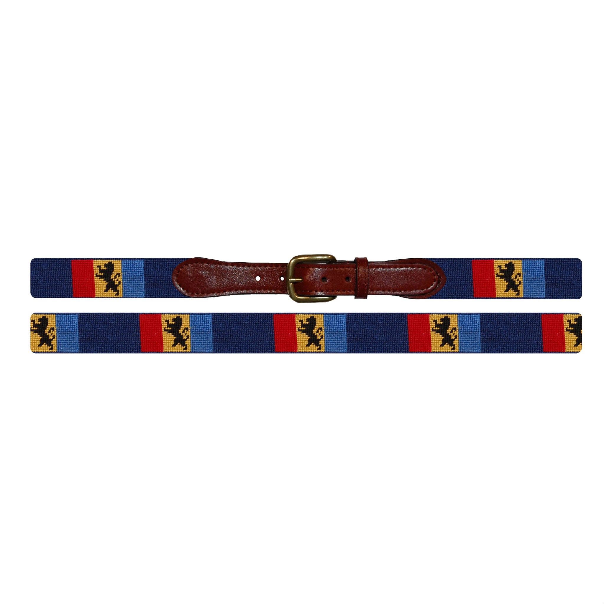 Flat view of Needlepoint Delta Kappa Epsilon Belt with brown leather trim and a brass buckle
